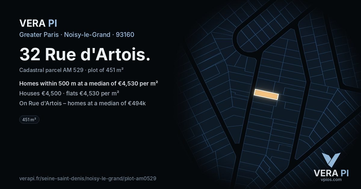32 Rue d'Artois, Noisy-le-Grand at night – the plot lit, the parcels around coloured by the prices near them