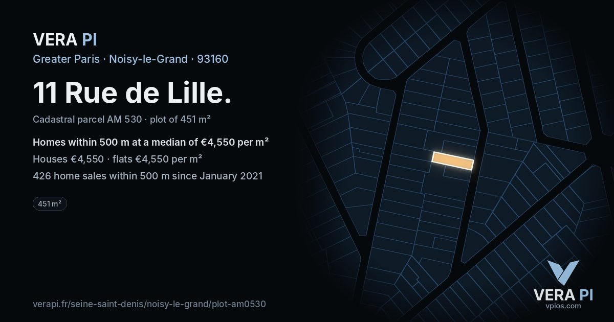 11 Rue de Lille, Noisy-le-Grand at night – the plot lit, the parcels around coloured by the prices near them