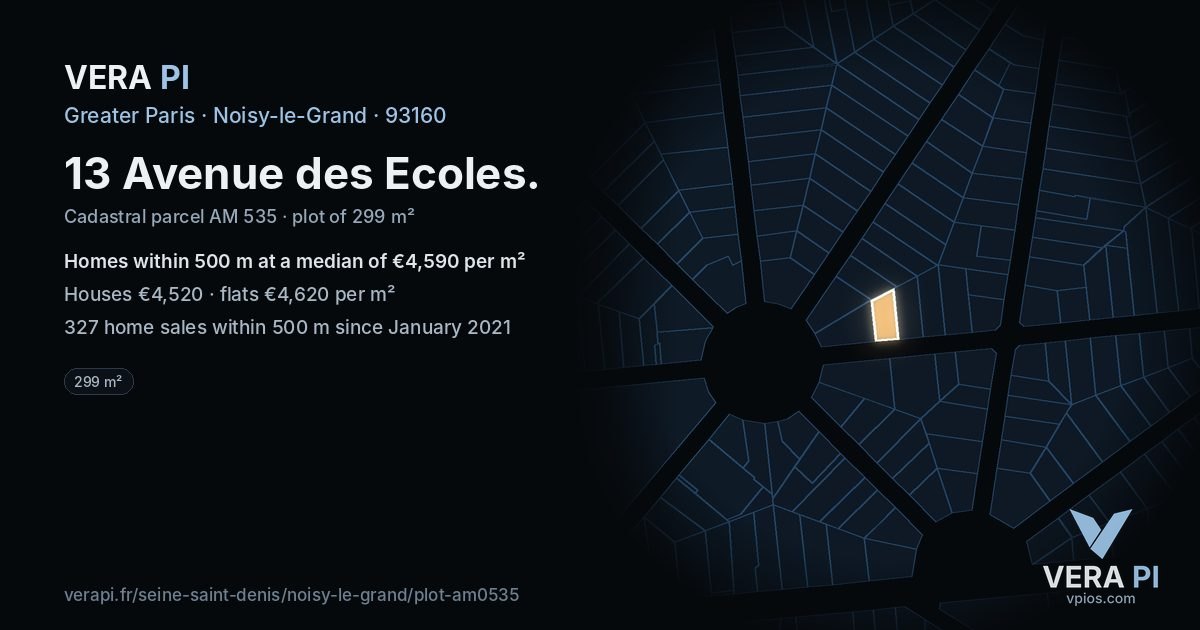 13 Avenue des Ecoles, Noisy-le-Grand at night – the plot lit, the parcels around coloured by the prices near them
