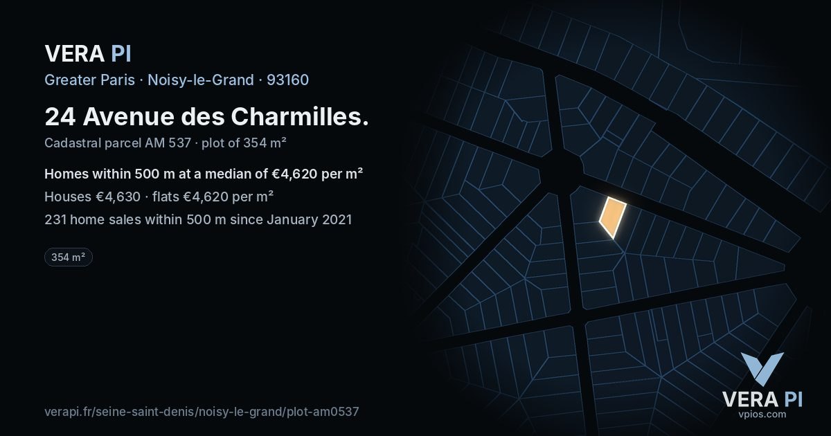 24 Avenue des Charmilles, Noisy-le-Grand at night – the plot lit, the parcels around coloured by the prices near them