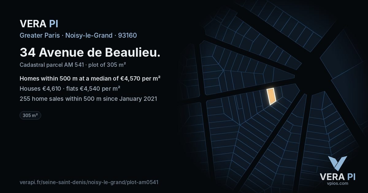 34 Avenue de Beaulieu, Noisy-le-Grand at night – the plot lit, the parcels around coloured by the prices near them