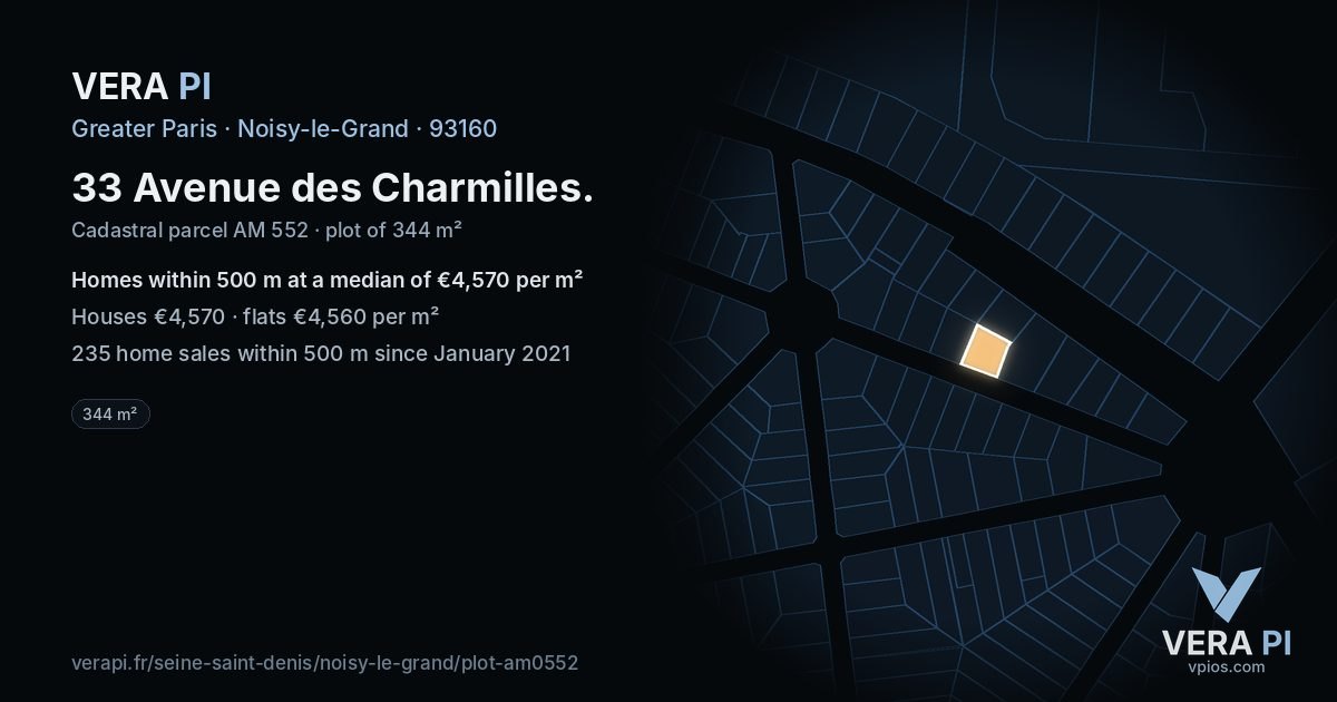 33 Avenue des Charmilles, Noisy-le-Grand at night – the plot lit, the parcels around coloured by the prices near them