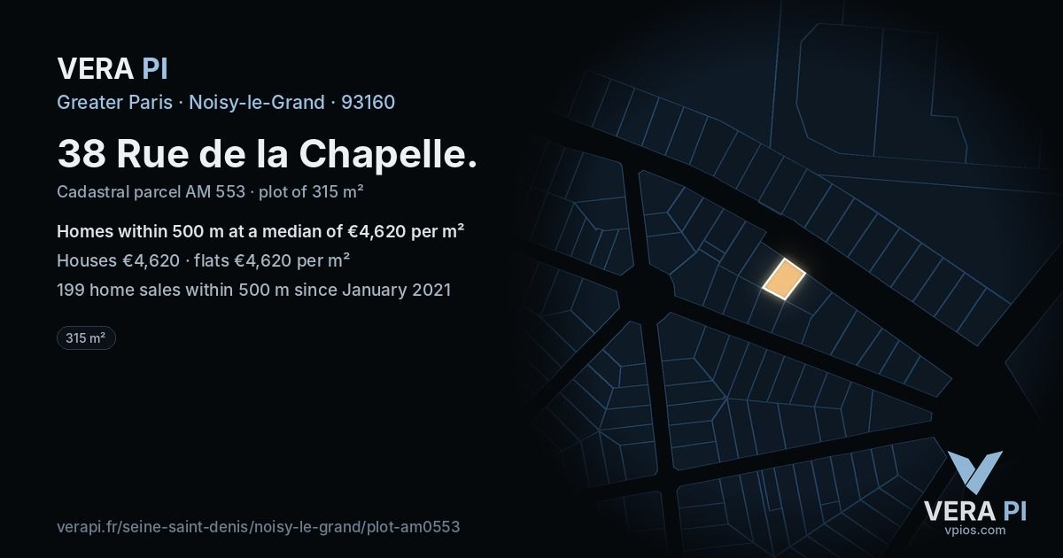38 Rue de la Chapelle, Noisy-le-Grand at night – the plot lit, the parcels around coloured by the prices near them