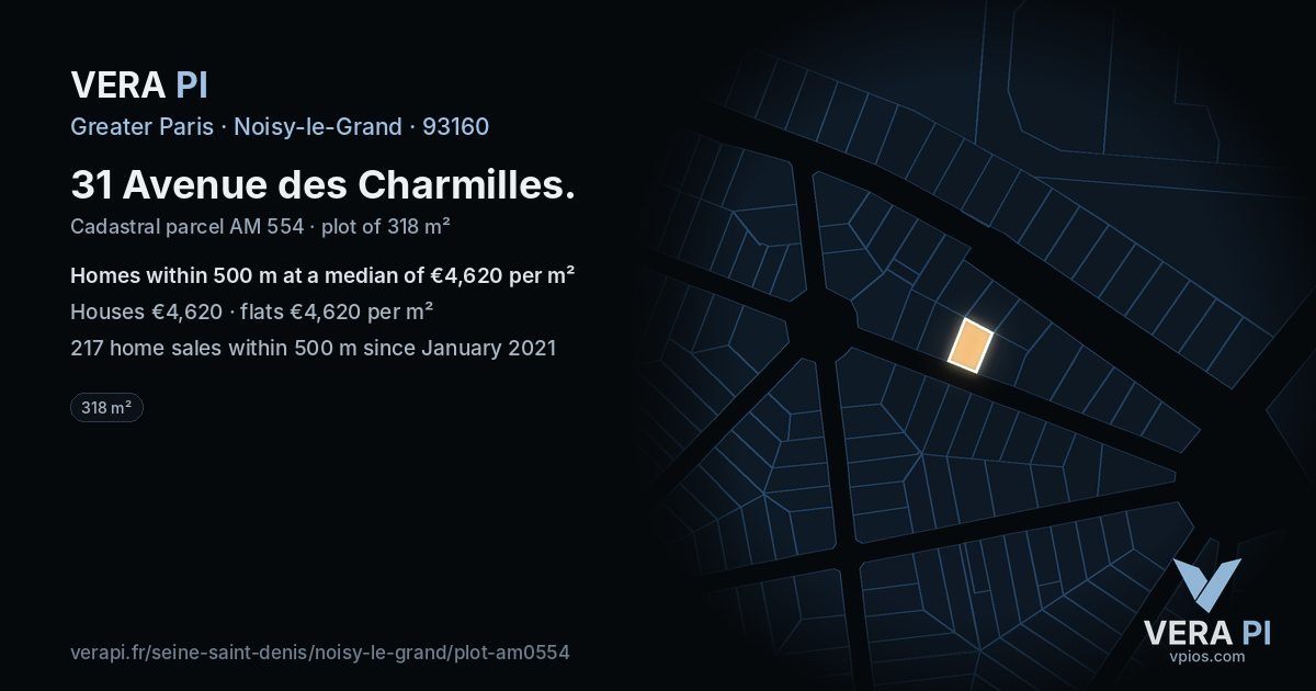 31 Avenue des Charmilles, Noisy-le-Grand at night – the plot lit, the parcels around coloured by the prices near them