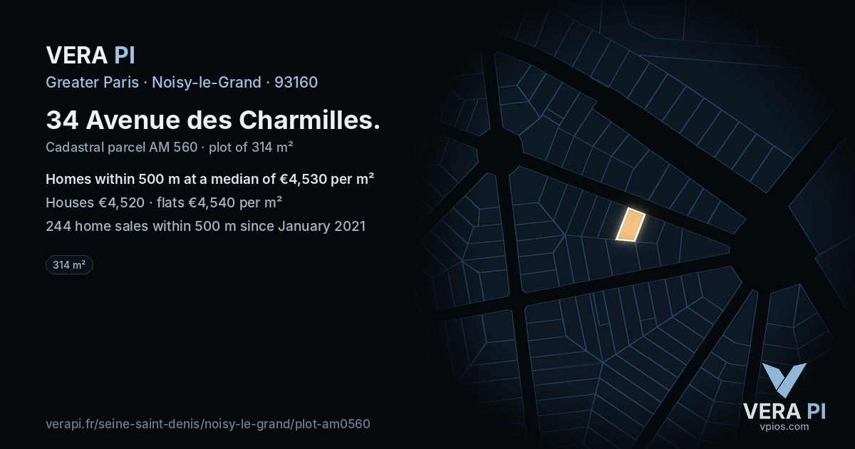 34 Avenue des Charmilles, Noisy-le-Grand at night – the plot lit, the parcels around coloured by the prices near them
