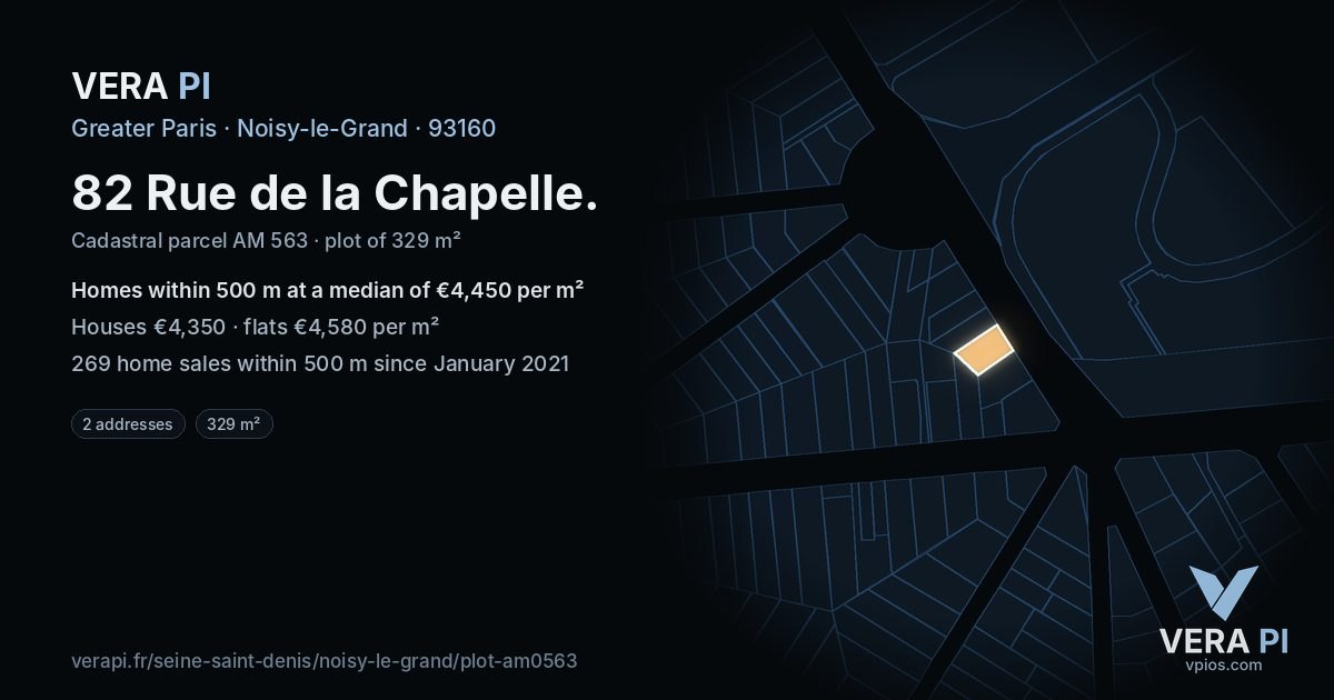 82 Rue de la Chapelle, Noisy-le-Grand at night – the plot lit, the parcels around coloured by the prices near them