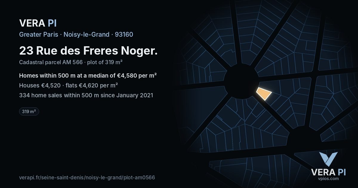23 Rue des Freres Noger, Noisy-le-Grand at night – the plot lit, the parcels around coloured by the prices near them