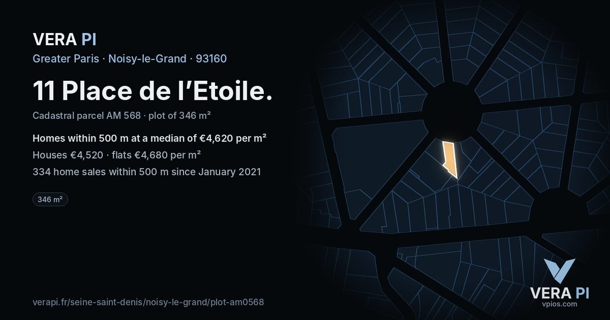 11 Place de l’Etoile, Noisy-le-Grand at night – the plot lit, the parcels around coloured by the prices near them
