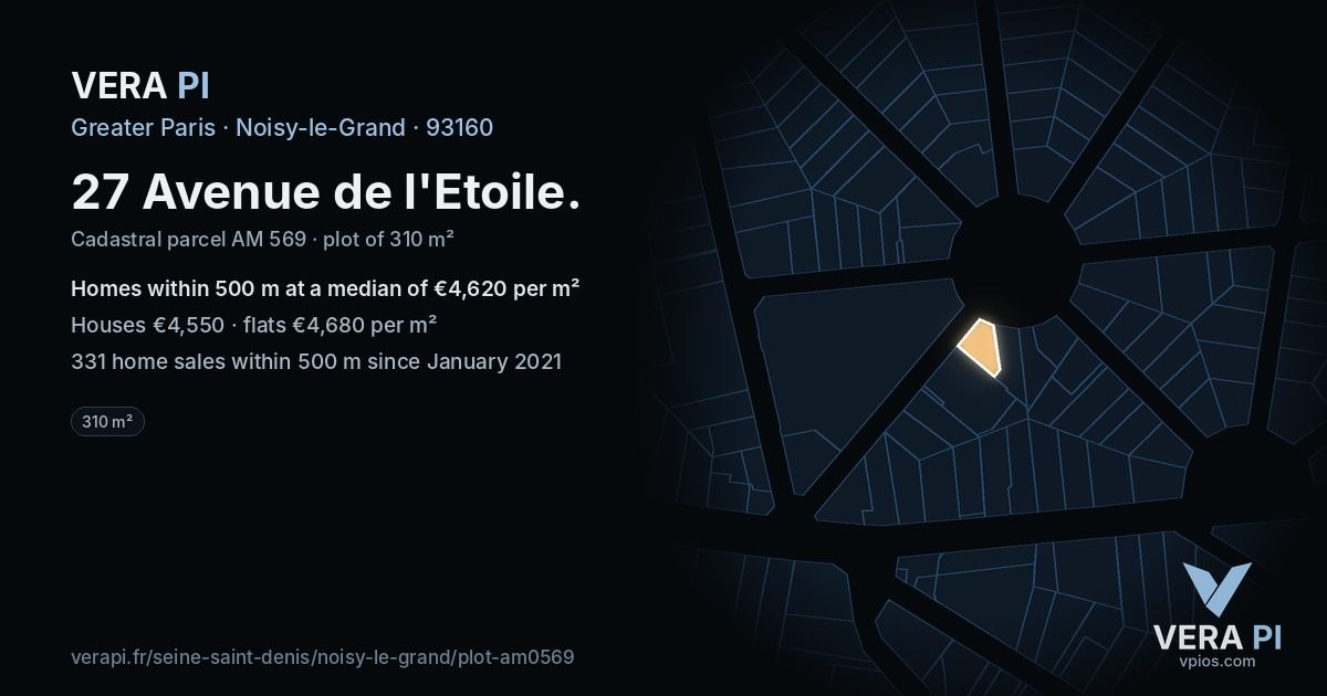 27 Avenue de l'Etoile, Noisy-le-Grand at night – the plot lit, the parcels around coloured by the prices near them