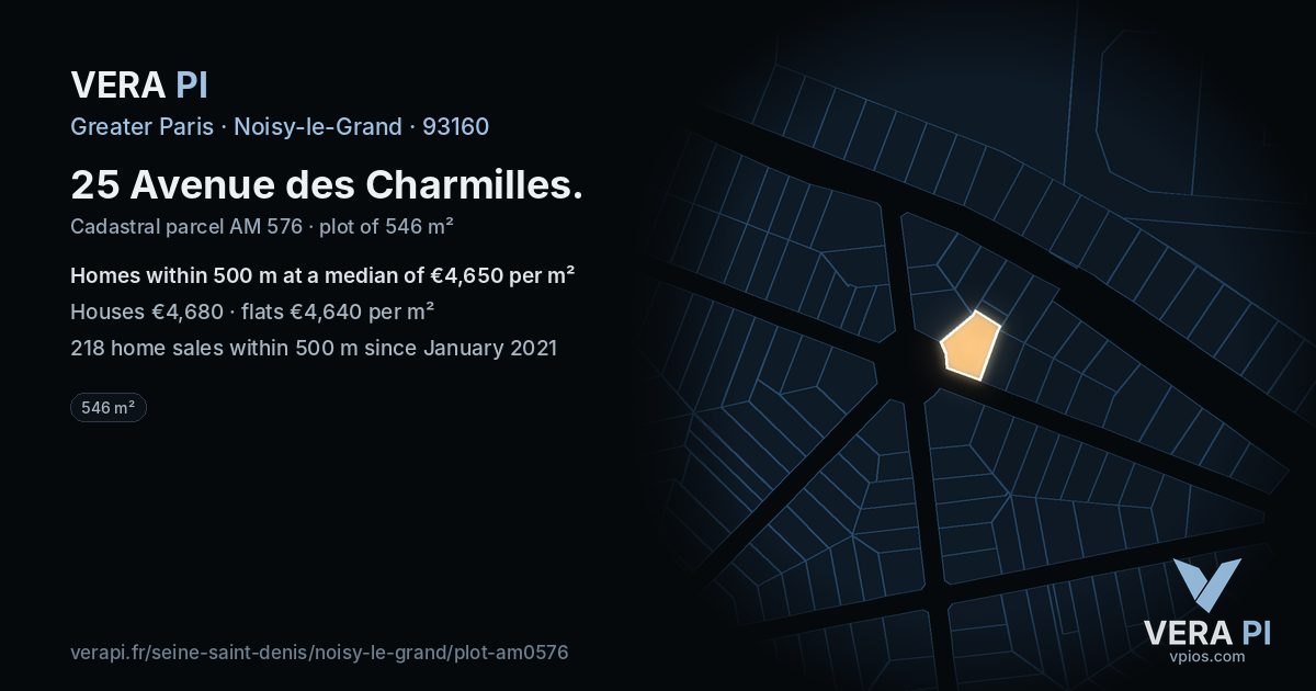 25 Avenue des Charmilles, Noisy-le-Grand at night – the plot lit, the parcels around coloured by the prices near them