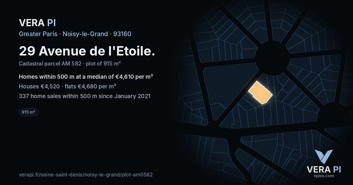 29 Avenue de l'Etoile, Noisy-le-Grand at night – the plot lit, the parcels around coloured by the prices near them