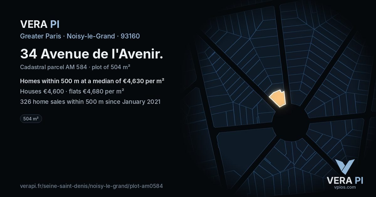 34 Avenue de l'Avenir, Noisy-le-Grand at night – the plot lit, the parcels around coloured by the prices near them