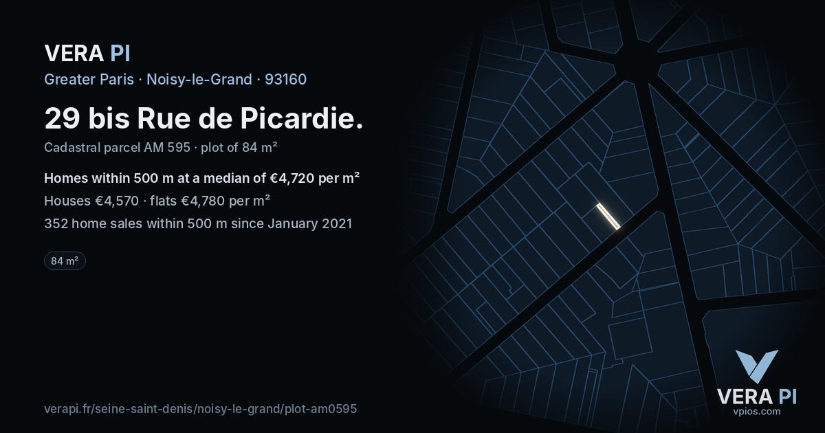 29 bis Rue de Picardie, Noisy-le-Grand at night – the plot lit, the parcels around coloured by the prices near them