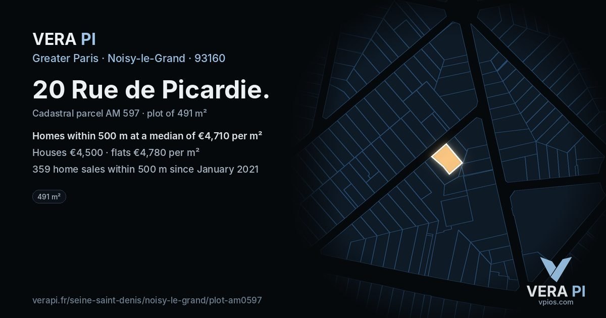 20 Rue de Picardie, Noisy-le-Grand at night – the plot lit, the parcels around coloured by the prices near them