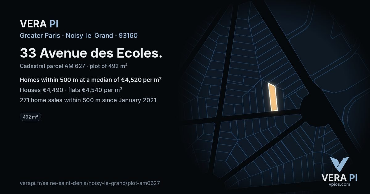 33 Avenue des Ecoles, Noisy-le-Grand at night – the plot lit, the parcels around coloured by the prices near them