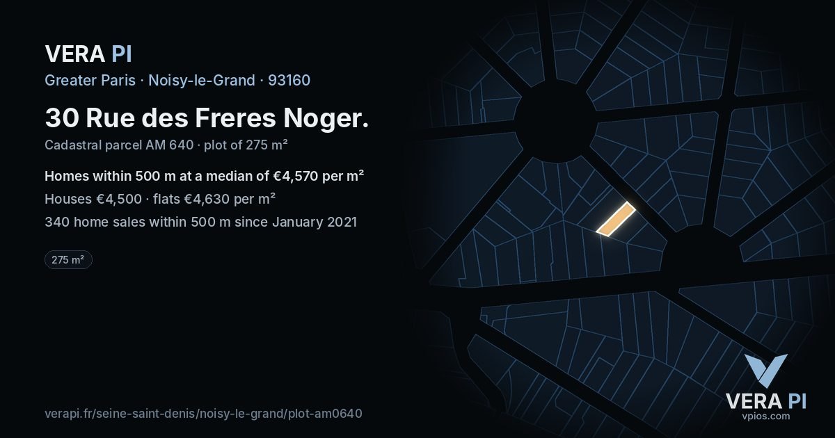 30 Rue des Freres Noger, Noisy-le-Grand at night – the plot lit, the parcels around coloured by the prices near them