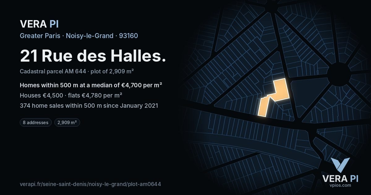 21 Rue des Halles, Noisy-le-Grand at night – the plot lit, the parcels around coloured by the prices near them