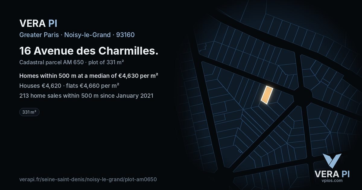 16 Avenue des Charmilles, Noisy-le-Grand at night – the plot lit, the parcels around coloured by the prices near them