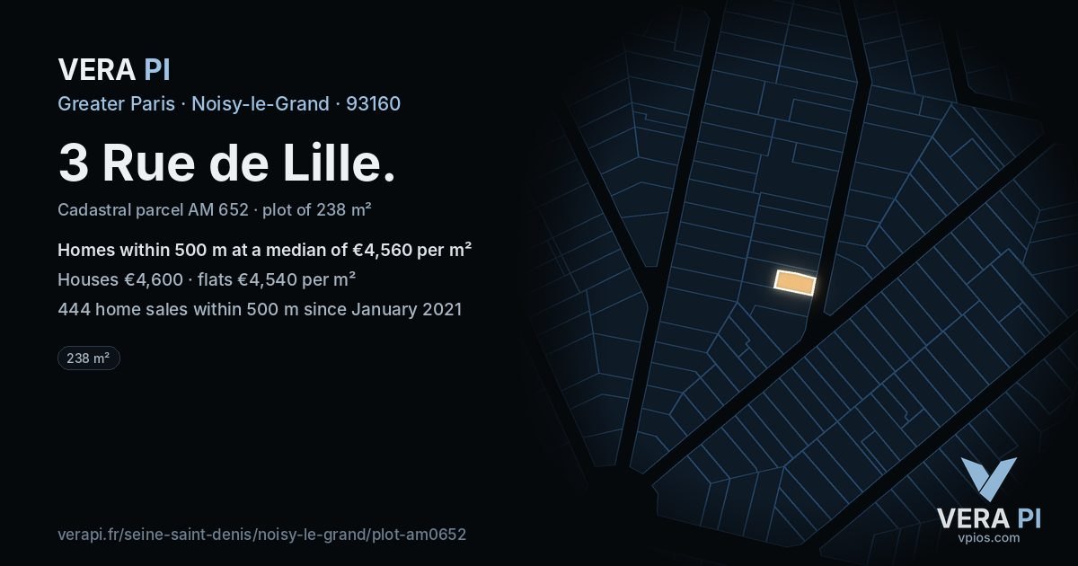 3 Rue de Lille, Noisy-le-Grand at night – the plot lit, the parcels around coloured by the prices near them