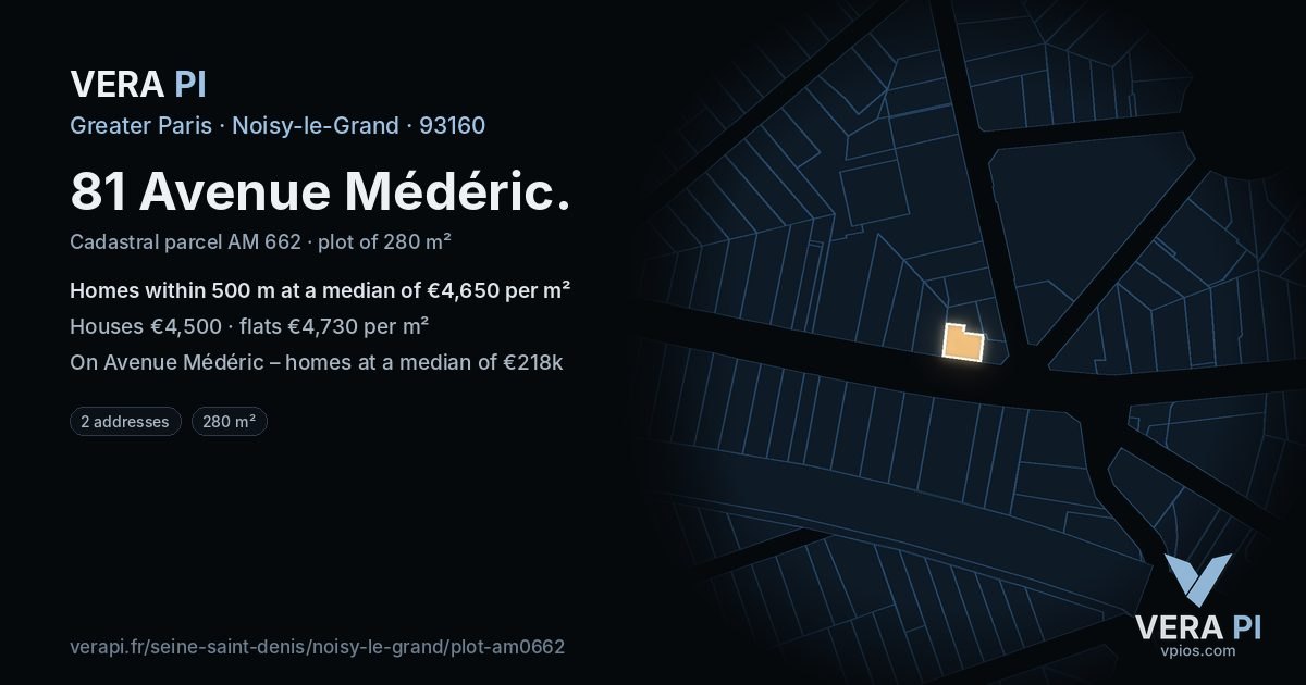 81 Avenue Médéric, Noisy-le-Grand at night – the plot lit, the parcels around coloured by the prices near them