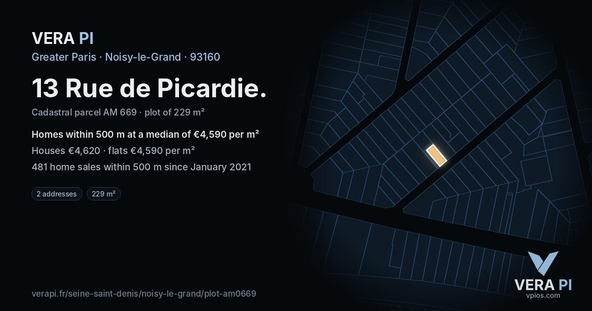 13 Rue de Picardie, Noisy-le-Grand at night – the plot lit, the parcels around coloured by the prices near them