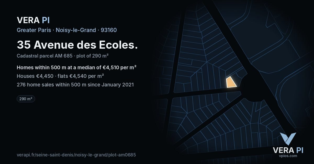 35 Avenue des Ecoles, Noisy-le-Grand at night – the plot lit, the parcels around coloured by the prices near them