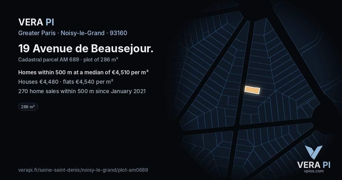 19 Avenue de Beausejour, Noisy-le-Grand at night – the plot lit, the parcels around coloured by the prices near them