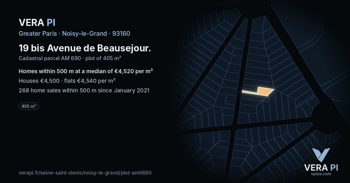 19 bis Avenue de Beausejour, Noisy-le-Grand at night – the plot lit, the parcels around coloured by the prices near them