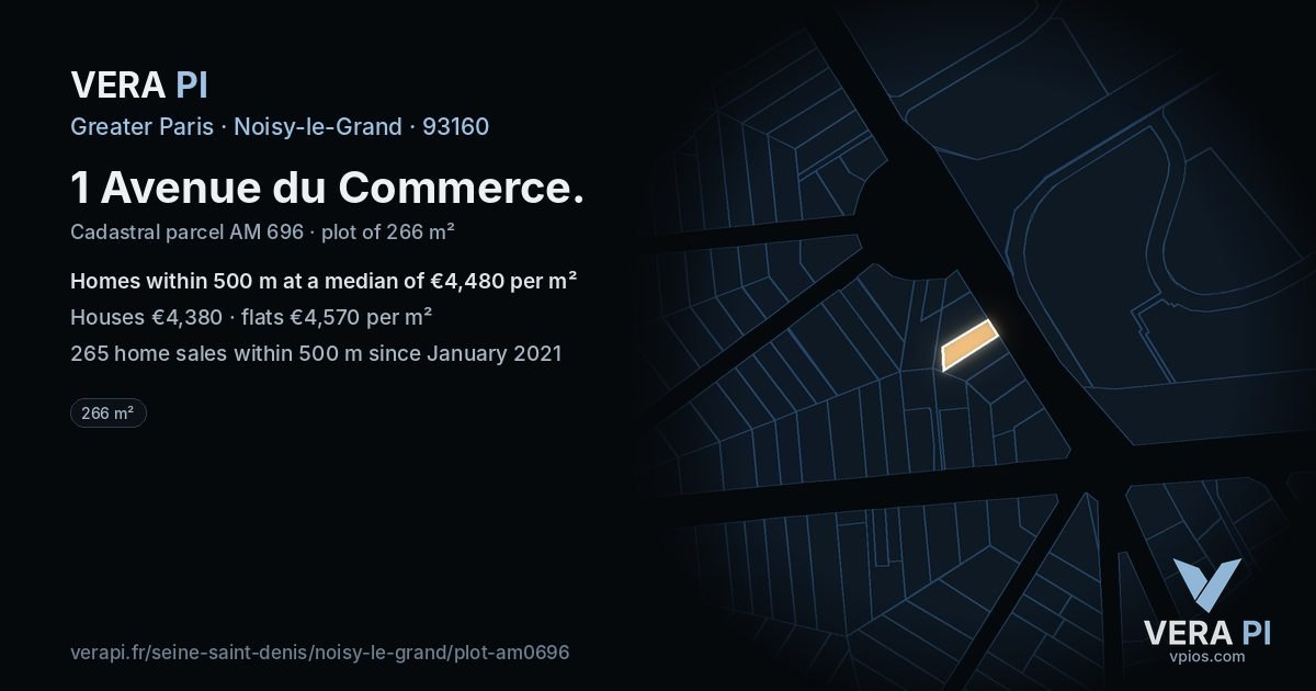 1 Avenue du Commerce, Noisy-le-Grand at night – the plot lit, the parcels around coloured by the prices near them