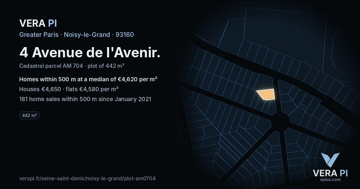 4 Avenue de l'Avenir, Noisy-le-Grand at night – the plot lit, the parcels around coloured by the prices near them