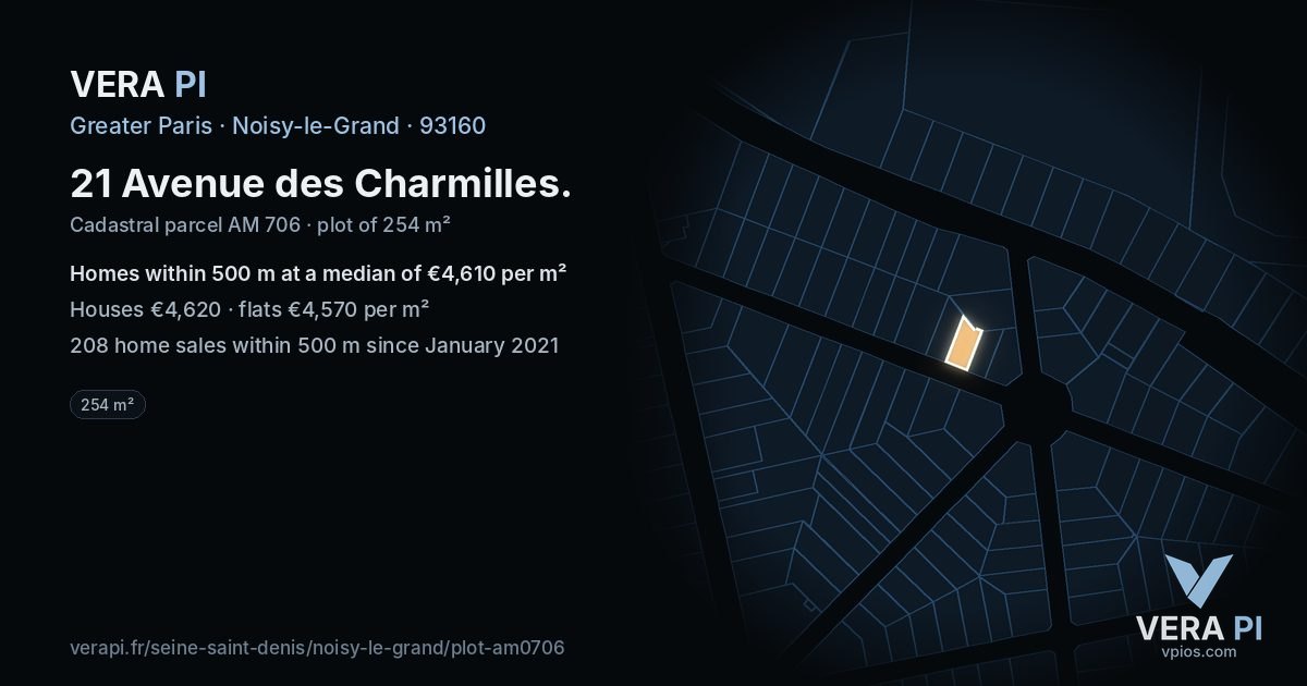 21 Avenue des Charmilles, Noisy-le-Grand at night – the plot lit, the parcels around coloured by the prices near them