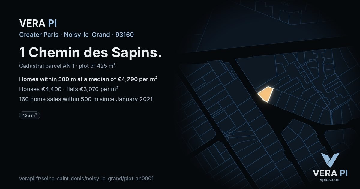 1 Chemin des Sapins, Noisy-le-Grand at night – the plot lit, the parcels around coloured by the prices near them