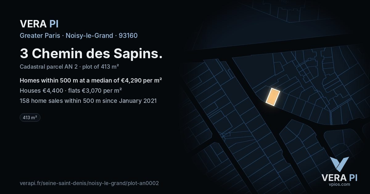 3 Chemin des Sapins, Noisy-le-Grand at night – the plot lit, the parcels around coloured by the prices near them