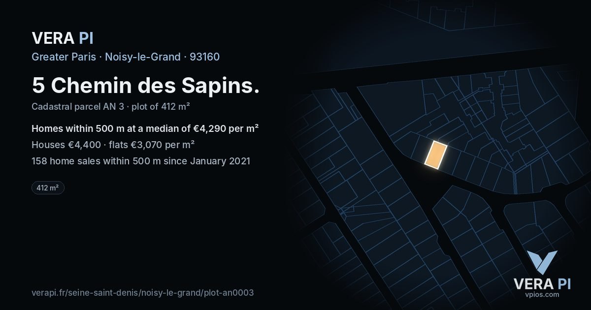 5 Chemin des Sapins, Noisy-le-Grand at night – the plot lit, the parcels around coloured by the prices near them