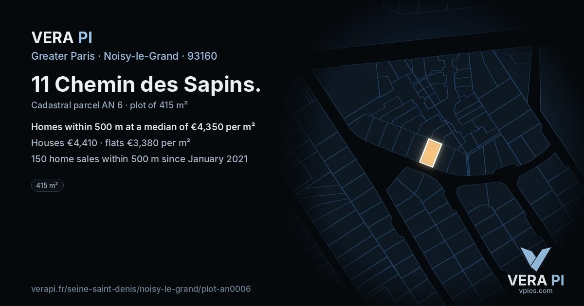 11 Chemin des Sapins, Noisy-le-Grand at night – the plot lit, the parcels around coloured by the prices near them
