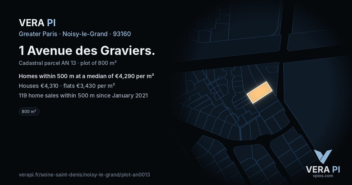 1 Avenue des Graviers, Noisy-le-Grand at night – the plot lit, the parcels around coloured by the prices near them
