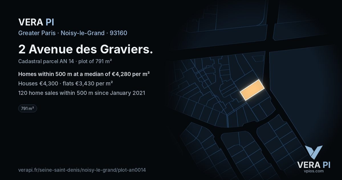 2 Avenue des Graviers, Noisy-le-Grand at night – the plot lit, the parcels around coloured by the prices near them