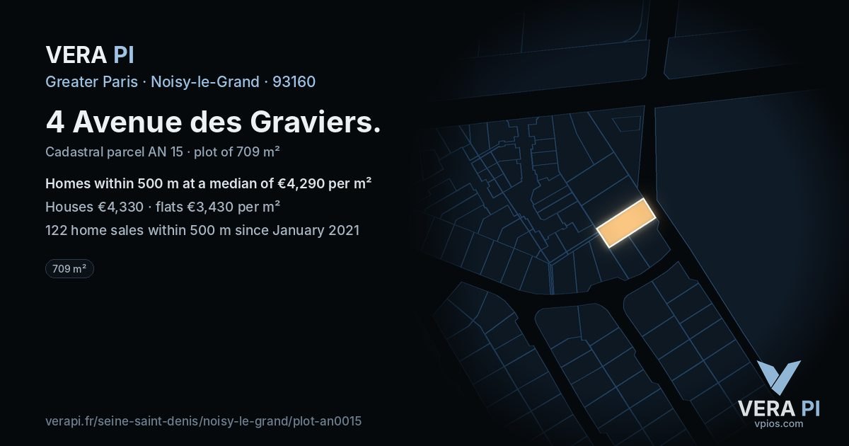 4 Avenue des Graviers, Noisy-le-Grand at night – the plot lit, the parcels around coloured by the prices near them