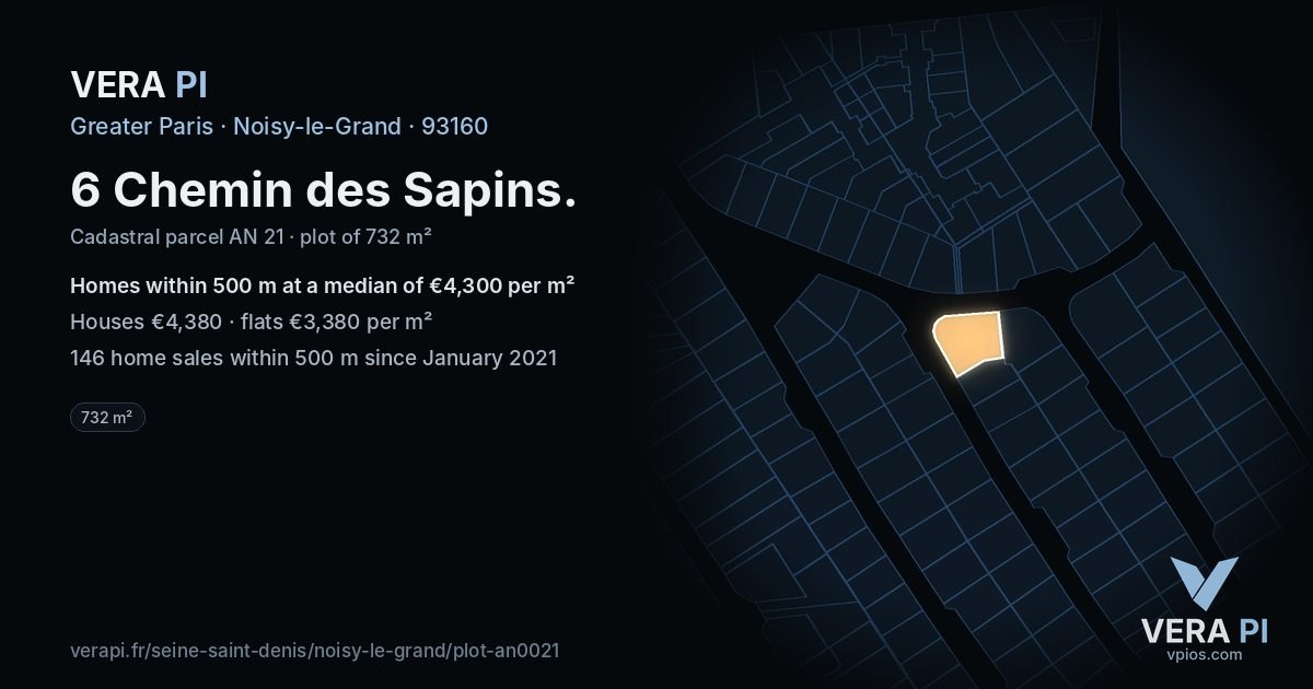 6 Chemin des Sapins, Noisy-le-Grand at night – the plot lit, the parcels around coloured by the prices near them