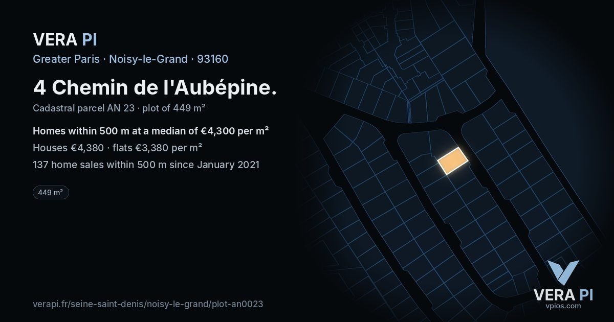 4 Chemin de l'Aubépine, Noisy-le-Grand at night – the plot lit, the parcels around coloured by the prices near them