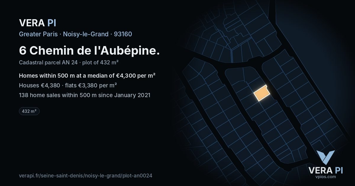 6 Chemin de l'Aubépine, Noisy-le-Grand at night – the plot lit, the parcels around coloured by the prices near them
