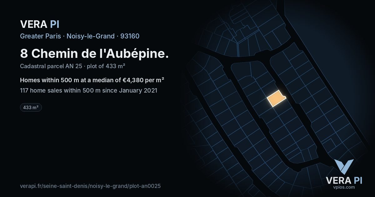 8 Chemin de l'Aubépine, Noisy-le-Grand at night – the plot lit, the parcels around coloured by the prices near them