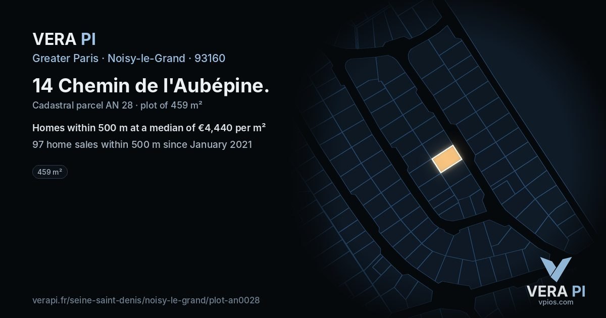 14 Chemin de l'Aubépine, Noisy-le-Grand at night – the plot lit, the parcels around coloured by the prices near them