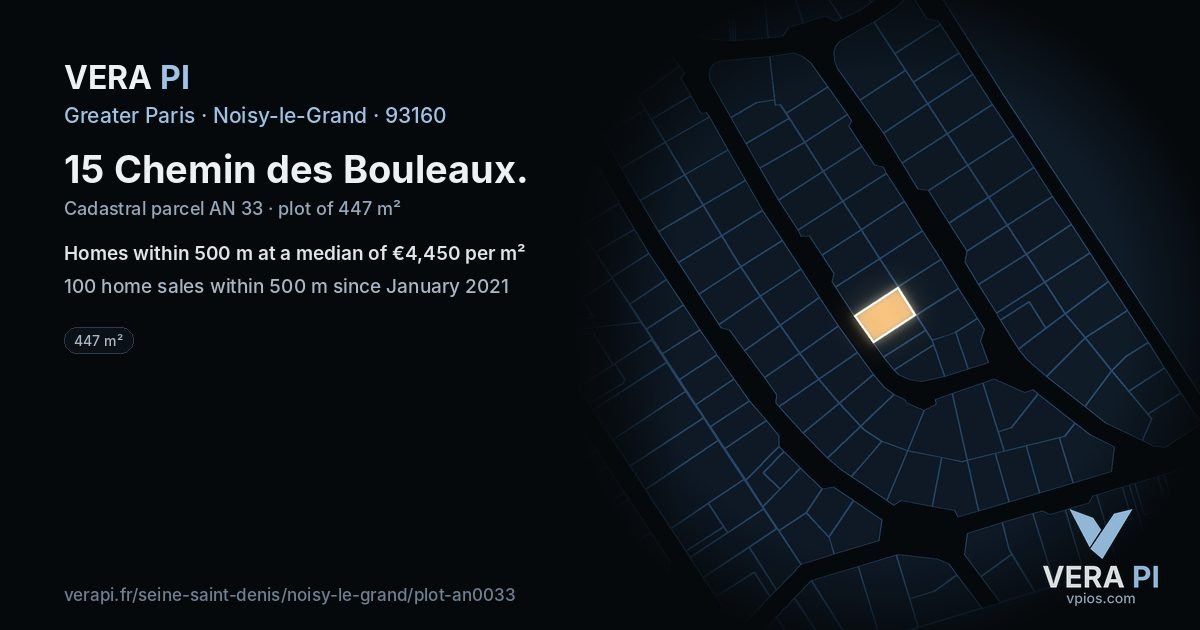 15 Chemin des Bouleaux, Noisy-le-Grand at night – the plot lit, the parcels around coloured by the prices near them