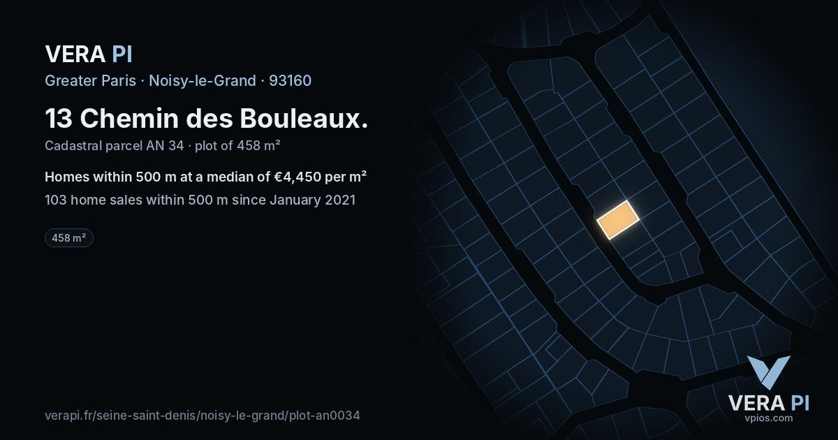 13 Chemin des Bouleaux, Noisy-le-Grand at night – the plot lit, the parcels around coloured by the prices near them