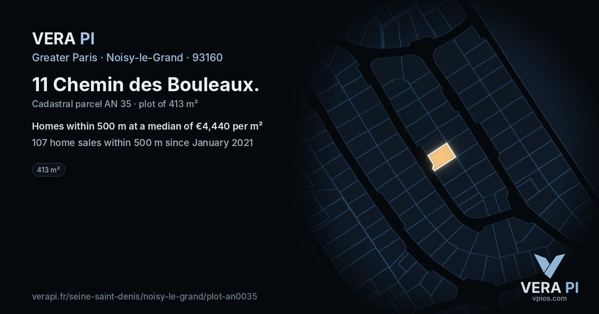 11 Chemin des Bouleaux, Noisy-le-Grand at night – the plot lit, the parcels around coloured by the prices near them