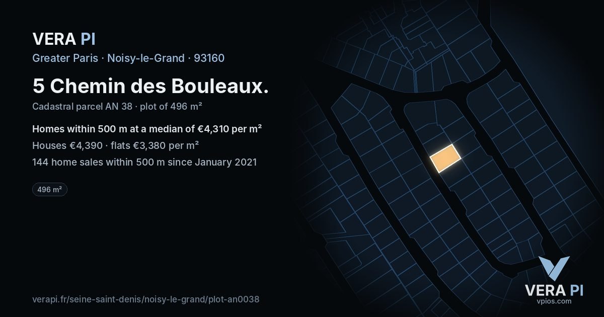5 Chemin des Bouleaux, Noisy-le-Grand at night – the plot lit, the parcels around coloured by the prices near them