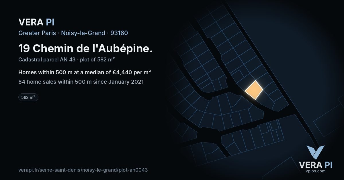 19 Chemin de l'Aubépine, Noisy-le-Grand at night – the plot lit, the parcels around coloured by the prices near them