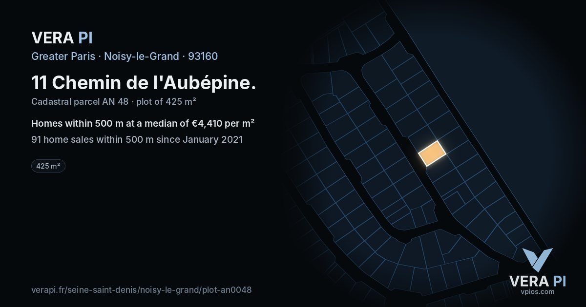 11 Chemin de l'Aubépine, Noisy-le-Grand at night – the plot lit, the parcels around coloured by the prices near them