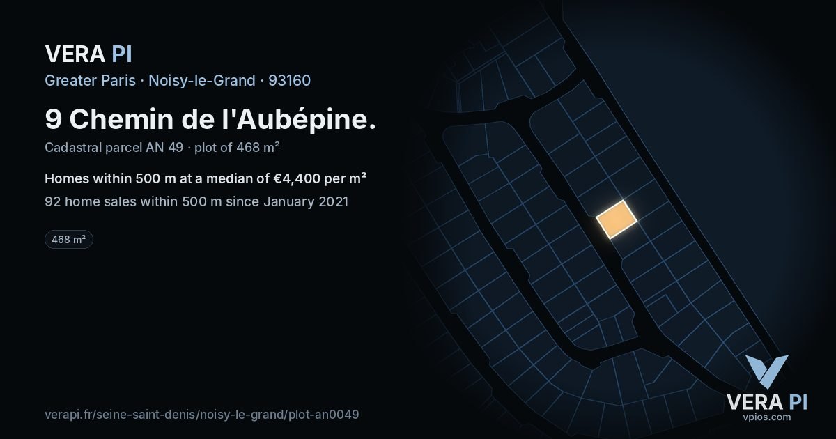 9 Chemin de l'Aubépine, Noisy-le-Grand at night – the plot lit, the parcels around coloured by the prices near them